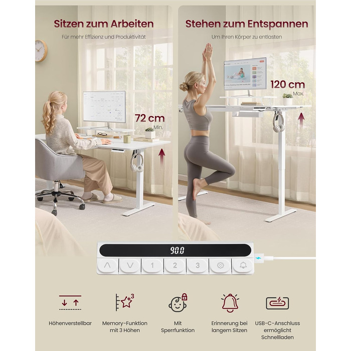 Регульований стіл VASAGLE з підставкою для монітора, шухлядою та USB-C, нагадування про перерви, 160 x 80 см, Wolkenweiß