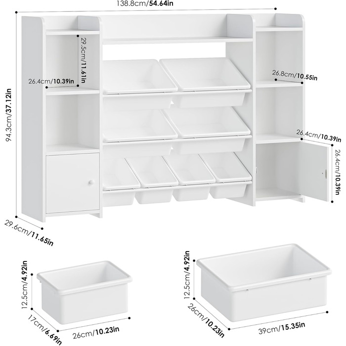 FOREHILL Дитяча полиця з 8 ящиками, дитячий шафчик, полиця для книг для дітей, органайзер для зберігання в дитячій кімнаті, меблі з іграшковою коробкою, 138,8 x 94,3 x 29,6 см, білий