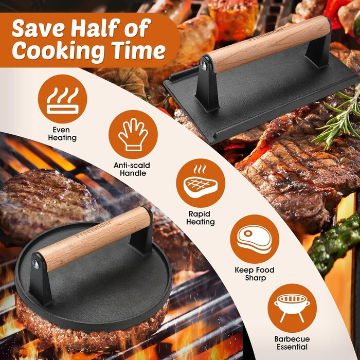 Пресс для бургерів Freelander з чавуну, набір для приготування смашених бургерів (круглий Ø 17.6 см, прямокутний 20.5 см), прес для гриля з термостійкою ручкою, великий бургерний прес для BBQ, стейків, сендвічів, чорного кольору