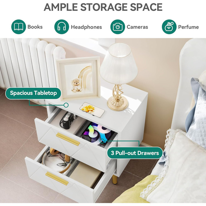 Приліжкові тумбочки YITAHOME (2 шт.) з 2 шухлядами, білі, з золотими ніжками, 40 x 30 x 52 см