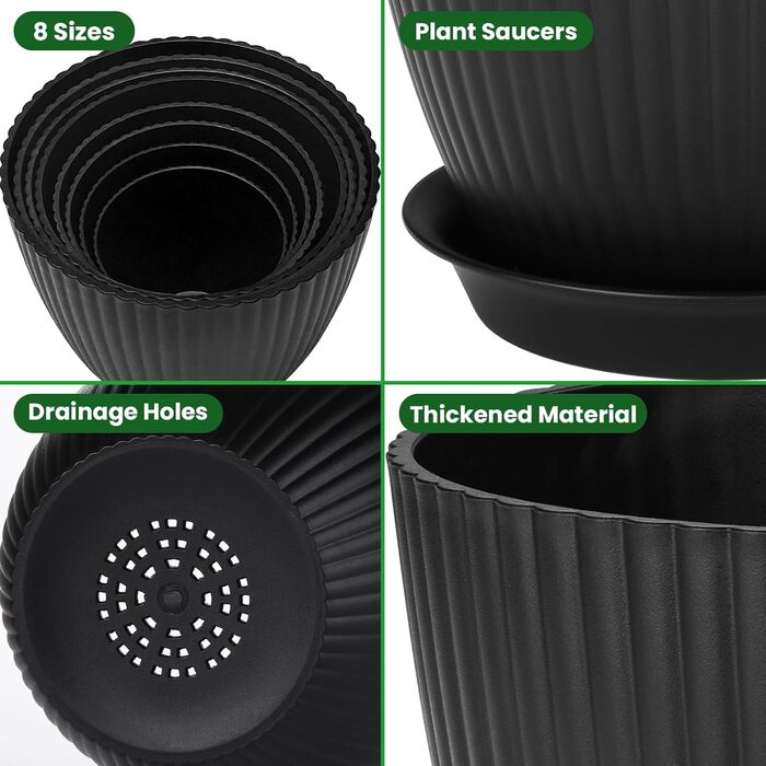 Набір горщиків для квітів з пластику, 8 шт. з отворами, круглі підставки, горщики для кактусів та трав, набір для офісу, балкону, саду, сукулентів, чорний