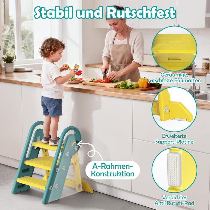 Дитячий підсвічник Onasti Tritthocker Kinder: регульована висота, 3 сходинки, з ручками, складний, анти-кіп та анти-ковзний, для кухні, ванної, раковини та туалету (сірий) сіро-білий (зелений)