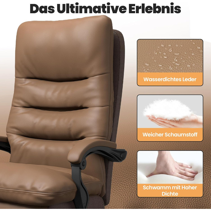 Ергономічне крісло для офісу Naspaluro з підніжкою, комп'ютерне крісло з подвійним шаром подушок, високою спинкою, функцією відкидання, регулюванням висоти, PU-шкіра, до 150 кг (колір: коричневий, штучна шкіра)