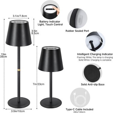 LED-лампа настільна OUTON 2 шт. бездротова з LED-індикатором, сенсорне керування, 3 колірні температури, USB-C зарядка, IP54 водостійкість, 30 годин роботи – для дому та на подарунок, чорний
