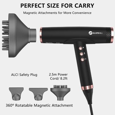 Іонний фен для волосся Slopehill з безщітковим двигуном 110,000 RPM, біокерамічний технологічний обдув, магнітний дифузор, низький рівень шуму, матовий чорний