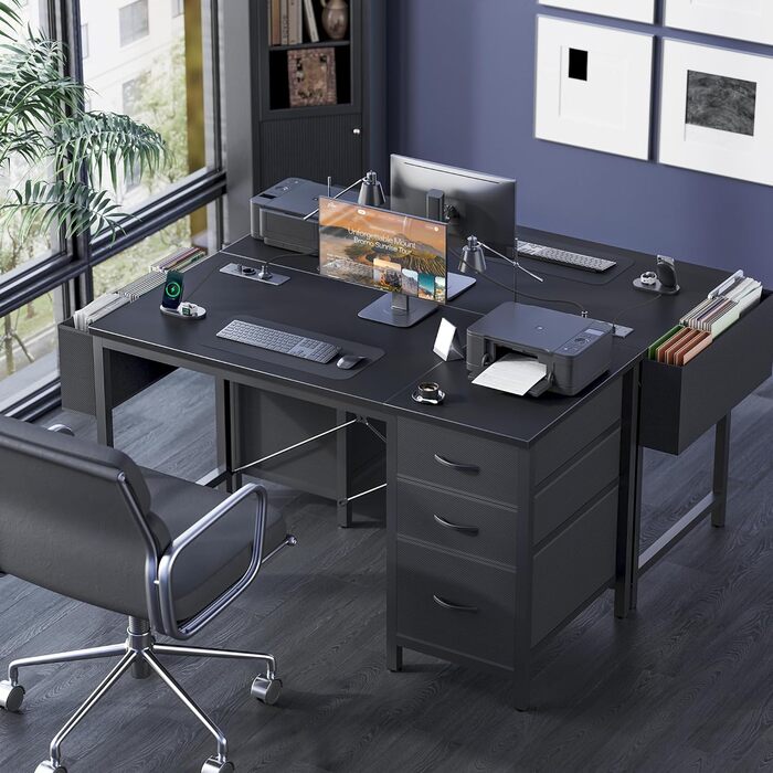 Комп'ютерний стіл Claiks з 3 шухлядами, 100x60 см, з розетками та USB, для дому та офісу, чорний