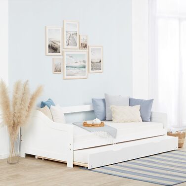 Висувне ліжко Homestyle4u 90x200 з ящиком для зберігання, з ламелями, для дітей, з дерева (сосна), білий