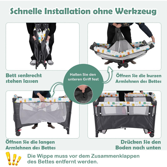 Дитяче ліжко-манеж COSTWAY 120x60 см з матрацом, пеленальним столиком, іграшками та музичною шкатулкою, сірий колір