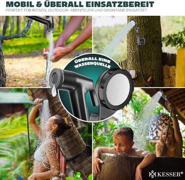 Соняшний душ KESSER® з насосом та акумулятором 8000mAh. Комплект для кемпінгу: регульована лійка, шланг 2м, пістолет-пульверизатор, кріплення. Без бака (Чорний/Чорний)