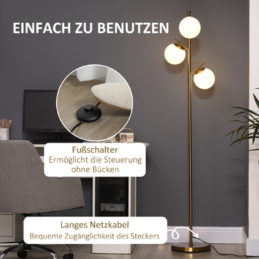 Торшер HOMCOM 40W Торшер з цоколем E27 і 3 скляними абажурами, для вітальні, висота 169 см
