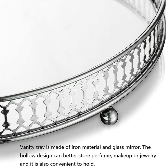 Весільний парфумерний лоток декоративний круглий скляний дзеркальний металевий туалетний столик з дзеркальним покриттям для парфумерних прикрас туалетний столик для ванної кімнати, спальні, прикраса для весільно-різдвяної кімнати, 20 см (високий, срібляст