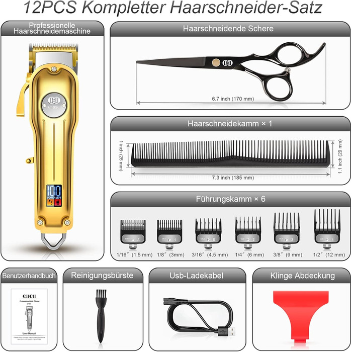 Професійний набір машинок для стрижки волосся CIICII (12 шт. USB LCD акумулятор) для перукаря своїми руками (золото)