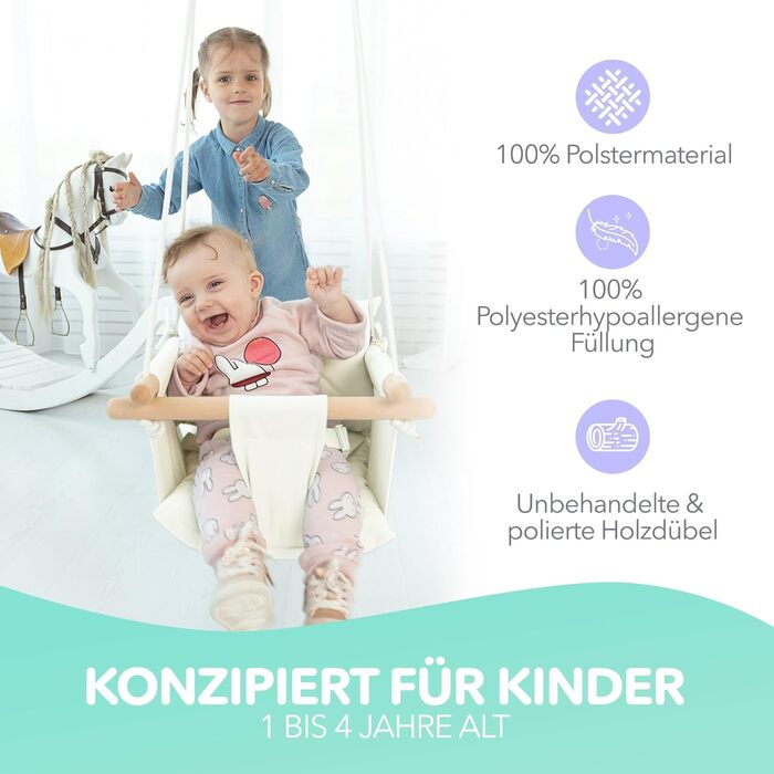 Дерев'яна гойдалка для малюків Cateam - ідеальна для дому та саду. З безпечним ремінцем, від 12 місяців. Елегантно-кремовий колір.