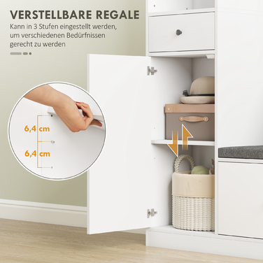 Шафа для одягу 180 см з вішалкою, полицею для взуття, 4 гачками, відкритими полицями, МДФ, білий