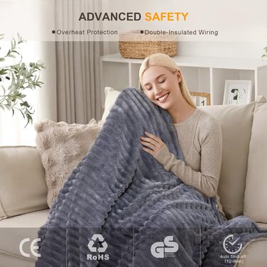 Електрична ковдра Nalone з автовимкненням 160*130 см, 9 температурних режимів, таймер 12 годин, захист від перегріву, пральна машина, фланель, сірий колір