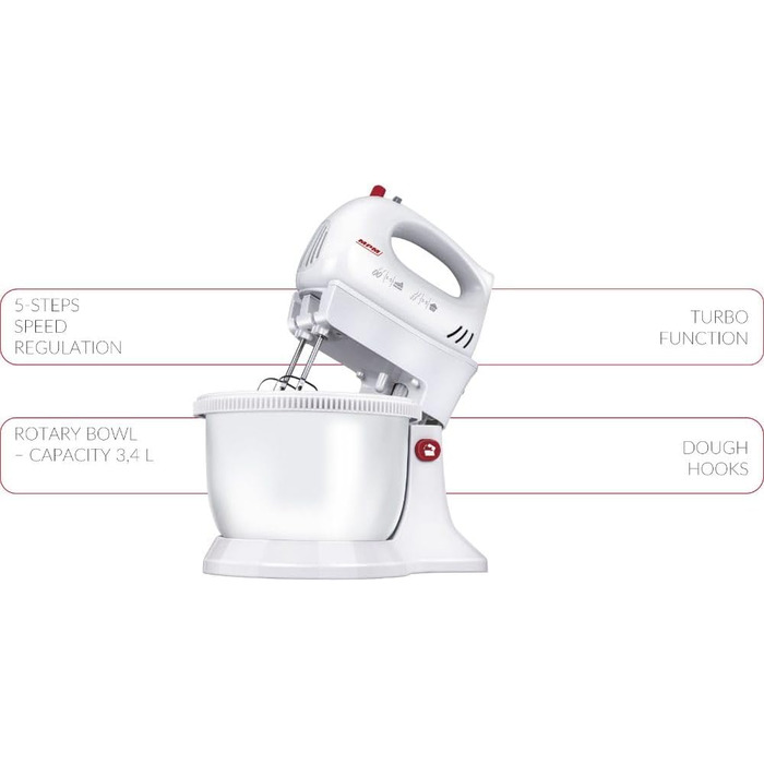 Кухонна планетарна міксер MPM MMR-16Z 750W, білий, 3.4 л, 5 швидкостей + Turbo, нержавіюча сталь, BPA Free