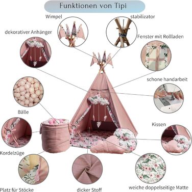 Дитячий намет-тіпі з килимком, подушкою та м'ячами - Тіпі для дитячої кімнати, ігровий будиночок для дівчаток, намет-тіпі для дітей, ігрові прилади для дому - Рожевий сад