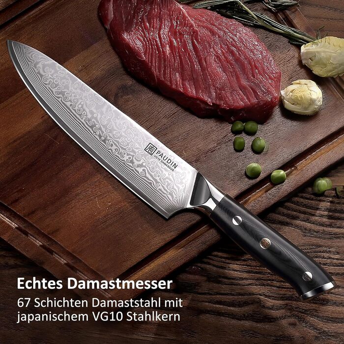 PAUDIN Profi: Ніж кухонний з лезом з нержавіючої сталі, 20 см, Дамаск, Ергономічна ручка, для професійних та аматорських кухарів, подарунок