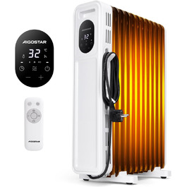 Електричний масляний радіатор Aigostar Cozy 2300W з пультом дистанційного керування, 11 ребер, термостат, 3 режими, таймер 24г, LED-дисплей, захист від перекидання та перегріву, мобільний обігрівач для кімнати