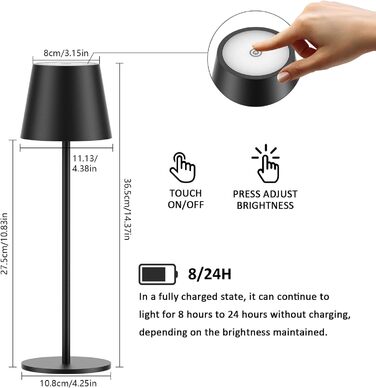 LED настільна лампа K-Bright з регулюванням яскравості, акумуляторна, бездротова, 36.5 см, тепле світло 2700K, USB-C, IP54, пісочний колір (чорний)