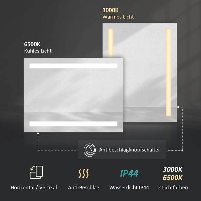 Дзеркало для ванної кімнати EMKE з підсвічуванням 60x80 см, 2 кольори світла, антизапарник, вимикач-кришка, IP44, енергозберігаюче LED, 60L x 80B см