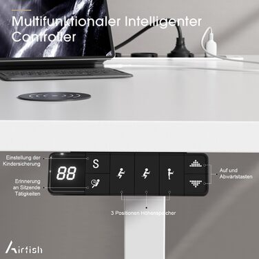 Електричний стіл Airfish з регулюванням висоти, бездрожною зарядкою та USB-роз'ємом 160 x 80 см. Комп'ютерний стіл з пам'яттю та функцією нагадування про відпочинок, білий