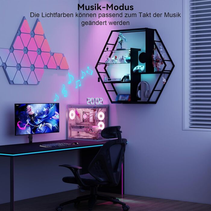 Підвісні полиці YU YUSING з RGB підсвічуванням (7 кольорів), з 8 гачками, для ігор, декору, спальні, кухні, бару, ігрової кімнати, гексагональної форми, 100x20x87 см
