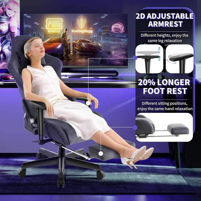 Ігровий крісло JUMMICO з тканини, офісне крісло з масажем, ергономічний офісний стілець, регульовані підлокітники, 90-180° нахил, 200 кг, сірий