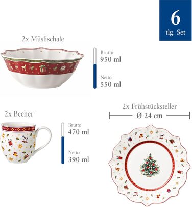 Сервіз для сніданку Villeroy & Boch Toy's Delight на 2 особи (6 предметів), білий/червоний. Преміум-посуд для святкування Різдва. Кераміка, білий/кольоровий.