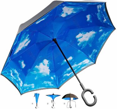 ТОВАРИГАДЖЕТИ Перевернута парасолька з блакитним небом і C-ручка для вільних рук Інвертна парасолька Розумна парасолька діаметром 105 см