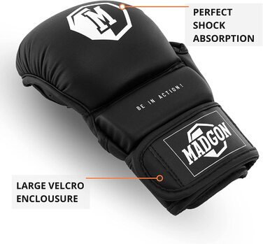Спаринг-рукавички MADGON MMA виготовлені з кращого матеріалу, що забезпечує тривалий термін служби Боксерські рукавички з дуже товстою набивкою для спарингу, єдиноборств, боксу, кікбоксингу, ММА - включаючи сумки Чорний / білий з