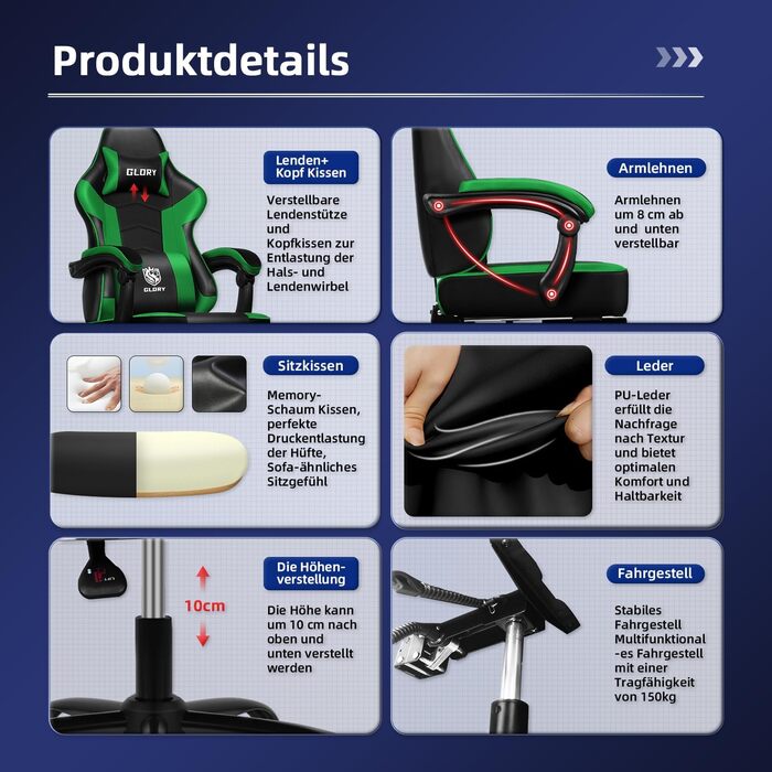 Ігровий крісло, офісне ергономічне крісло з телескопічною підніжкою, підголівник та поперекова підтримка, регульоване та поворотне, 150 кг, зелений