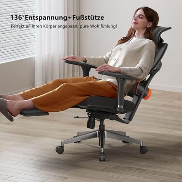 Офісне крісло Newtral Ergonomic, комп'ютерне крісло з регульованою підголівником та підлокітниками (чорний, NT002) + знімна стільниця