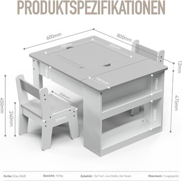 Дитячий столик з двома стільцями Kinderkraft, багатофункціональний: ігри, малювання, читання, 4 змінних панелей, регульований та безпечний, з місцем для зберігання, до 60 кг, від 3 років
