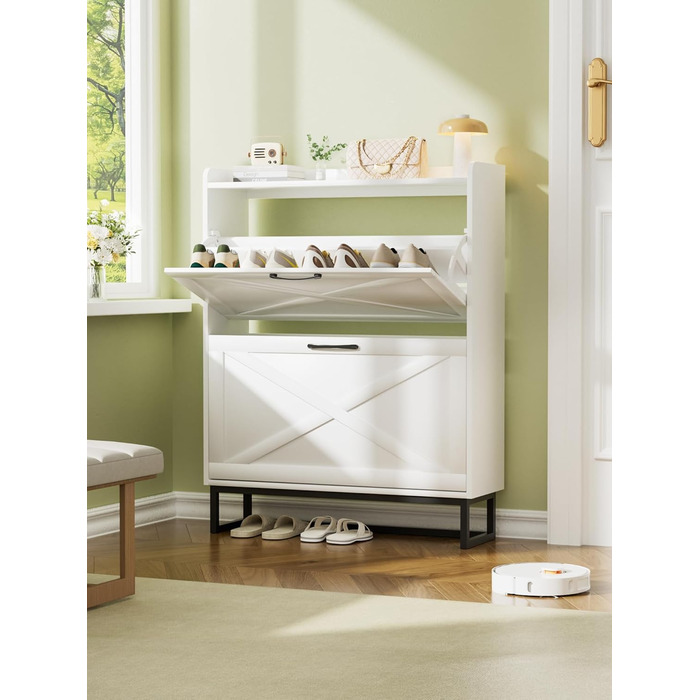 Шафа для взуття з 2 дверцятами, полиця для взуття в передпокій, вузька шафа-кіпер для взуття з 4 полицями, тумба для взуття з металевими ніжками, органайзер для взуття з дерева для стіни, 80x23,8x101,7 см, білий