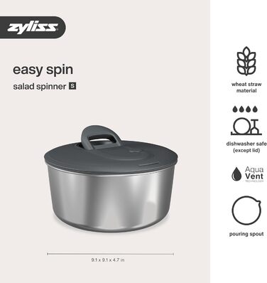 Салатниця Zyliss Easy Spin 6л з мотузковим приводом, AquaVent™ та кнопкою Stop (сіра)