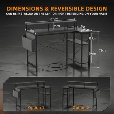 Кутовий письмовий стіл зі світлодіодом, розетки, 120x70 см, L-подібний, двосторонній, вугільно-чорний