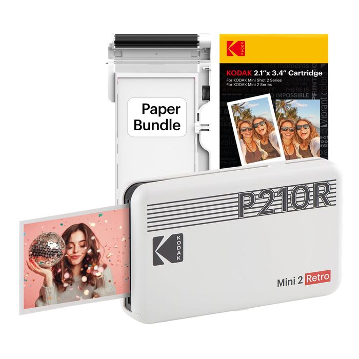 KODAK P210 Mini 2 Retro: Портативний кольоровий фотопринтер, сумісний зі смартфонами (iOS & Android), Bluetooth, 54x86 мм, технологія 4Pass, ламінування, 38 аркушів, білий 54 x 86 мм