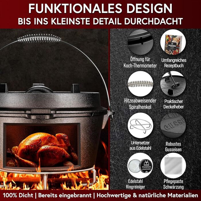 Набір чавунних казанів Essential Line для 3–6 осіб: казан 7,5 л та кришка 1,5 л, прожарений вогонь, з підйомником кришки, кільцем для чищення, пастою для догляду та книгою рецептів, гарантія 30 років