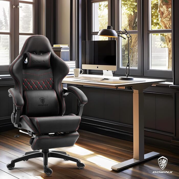 Ігровий крісло Dowinx з регульованою підніжкою, масажним поперековим валиком та офісним комфортом, до 200 кг, кут нахилу спинки 165°, чорний