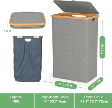 Кошик для білизни з кришкою Tiklife, 100 л, сірий - кошик для одягу, мішок для білизни, сортер для білизни, коробка для білизни, складаний