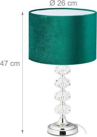 Настільна лампа Relaxdays, оксамит і кришталь, HxD 47 x 26 см, розетка E14, приліжкова, непряме освітлення, зелена
