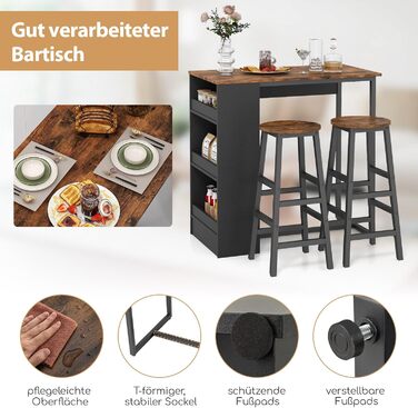 Барний стіл COSTWAY з барними стільцями (набір для 2 осіб), з 3 полицями, кухонний стіл у стилі ретро, колір - коричневий