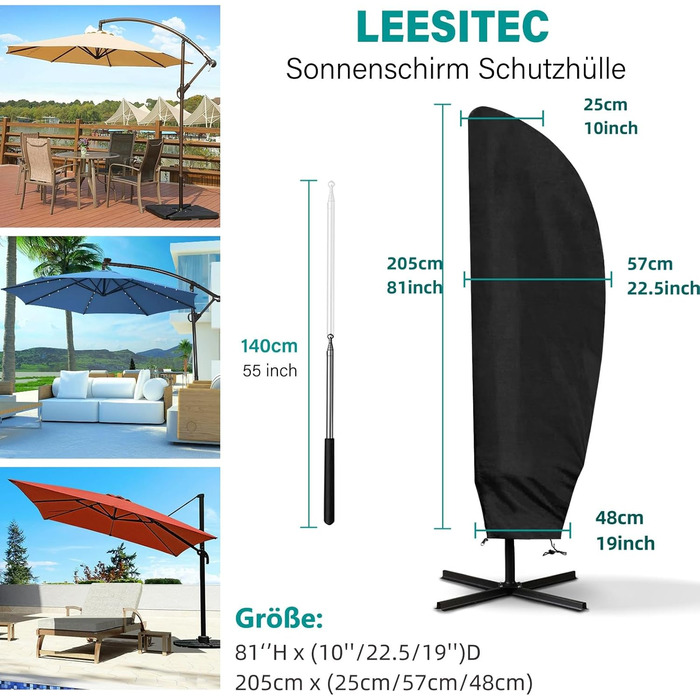 Чохол для парасольки/зонту великого розміру (2-4 м), чорний. Захист від сонця, вітру та снігу. Розміри: 205 x 25/57/48 см