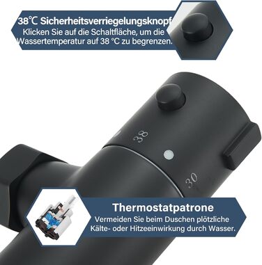 Змішувач для ванни з термостатом, чорний, настінний монтаж - універсальний для ванни та умивальника