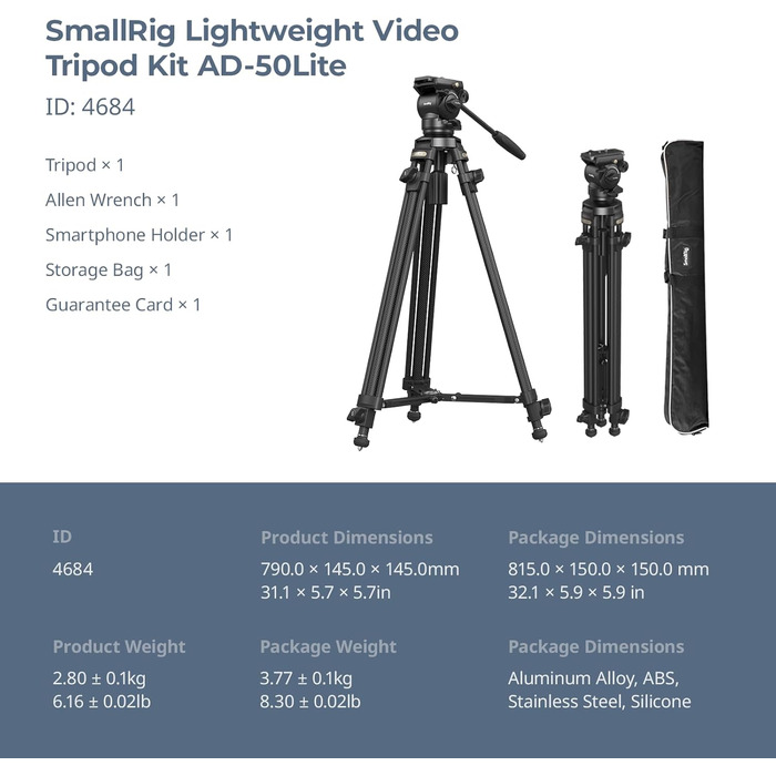 SMALLRIG 62'' відеоштатив з 360° флюїдною головою, легкий алюмінієвий штатив з швидкознімною пластиною та ручкою для DSLR та відеокамер, вантажопідйомність 5 кг, AD-50Lite