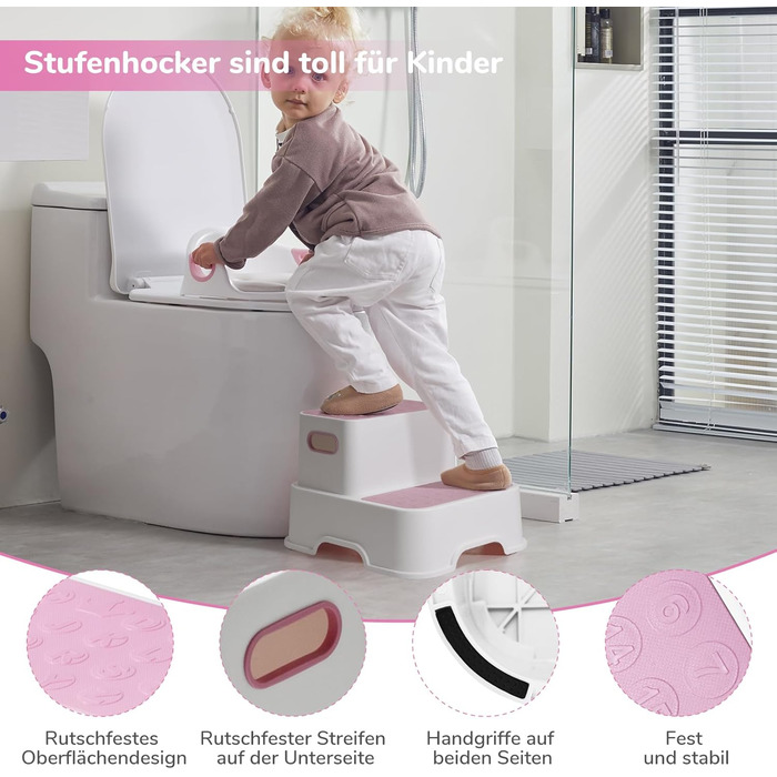 Дитяче сидіння на унітаз DEANIC з підставкою-сходинками, рожеве - для малюків від 1 до 6 років + 2 подушки та щітка