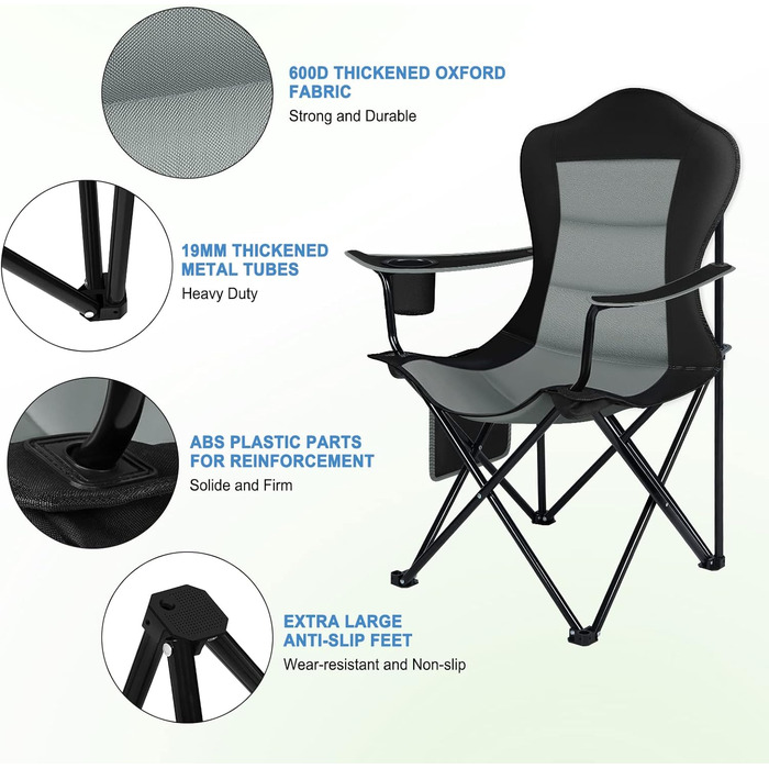 Крісло для кемпінгу WOLTU складне, легке складане крісло для вулиці, крісло для риболовлі, з бічною кишенею підстаканника, з можливістю завантаження до 150 кг, для кемпінгу Пляжний сад Тераса чорний темно-сірий