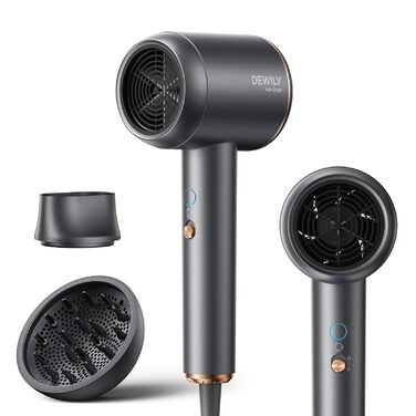 Іонний фен для волосся DEWILY з дифузором 1800 Вт, 3 температурних режими, компактний дорожній сунич для кучерявого волосся (сіро-чорний)