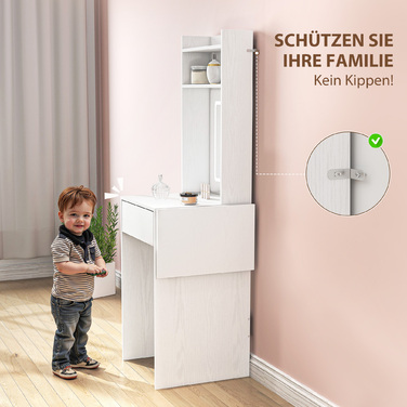 Компактний туалетний столик зі дзеркалом та LED-підсвіткою, відкидна стільниця, відкриті полиці, ящик для зберігання, виготовлений з МДФ, колір білий